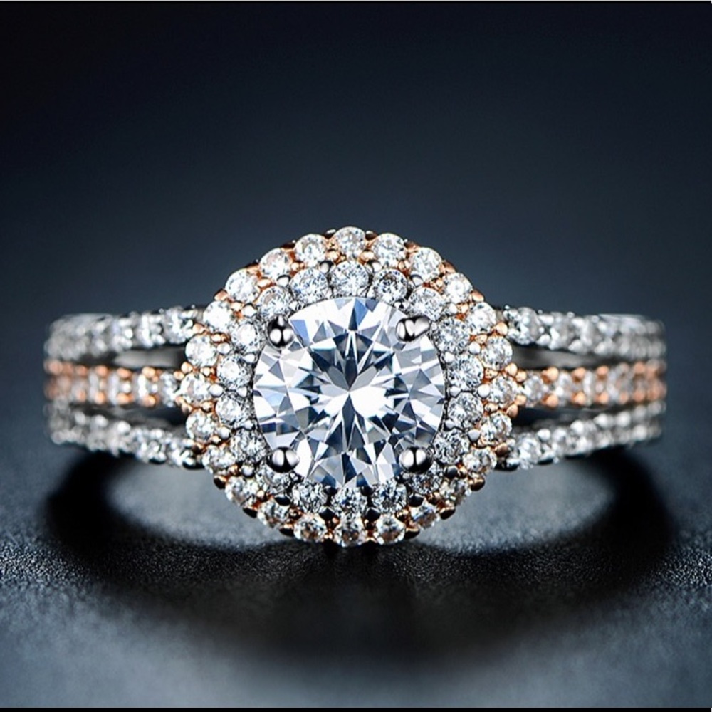 Two Tone Rose Gold Silver Double Halo Round Split Shank Pavé Engagement Ring 7 - Picture 3 of 17